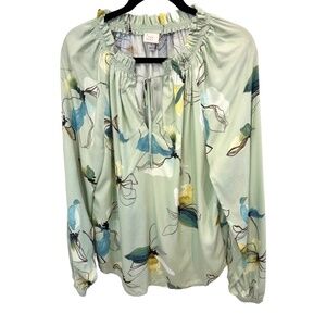 A New Day Green Floral Long Sleeve Smocked Neck & Cuffs Top Size Small